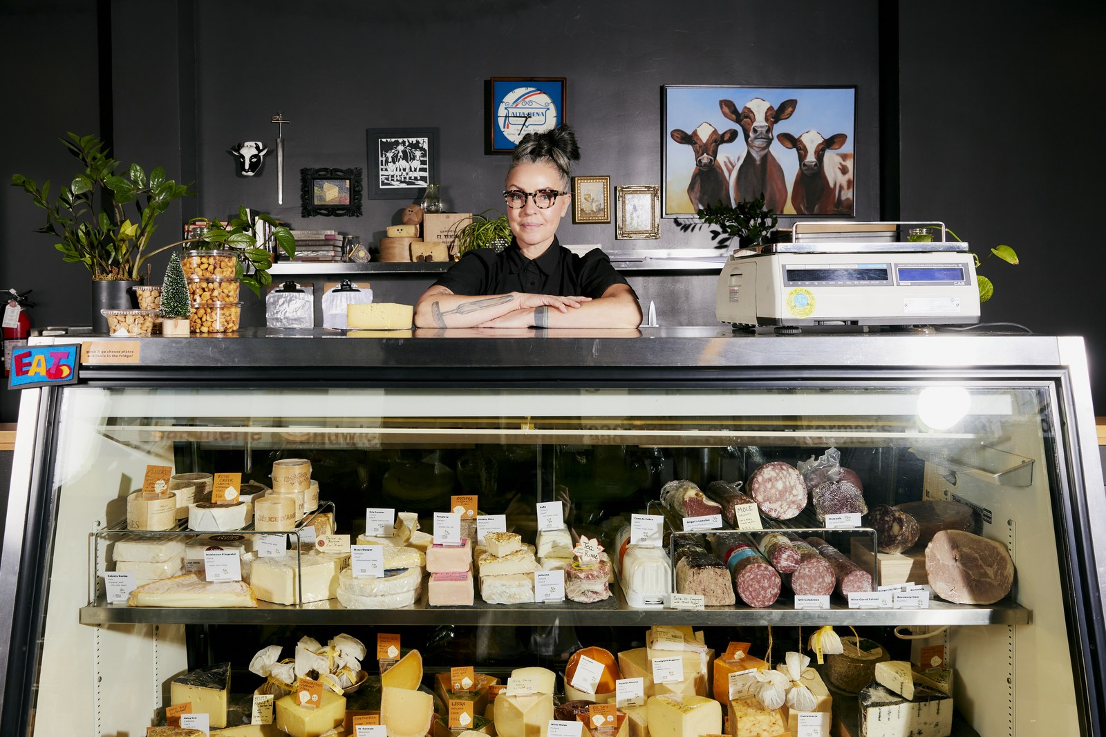 DTLA Cheese Superette cheese case and counter with staff, Broadway Historic Core