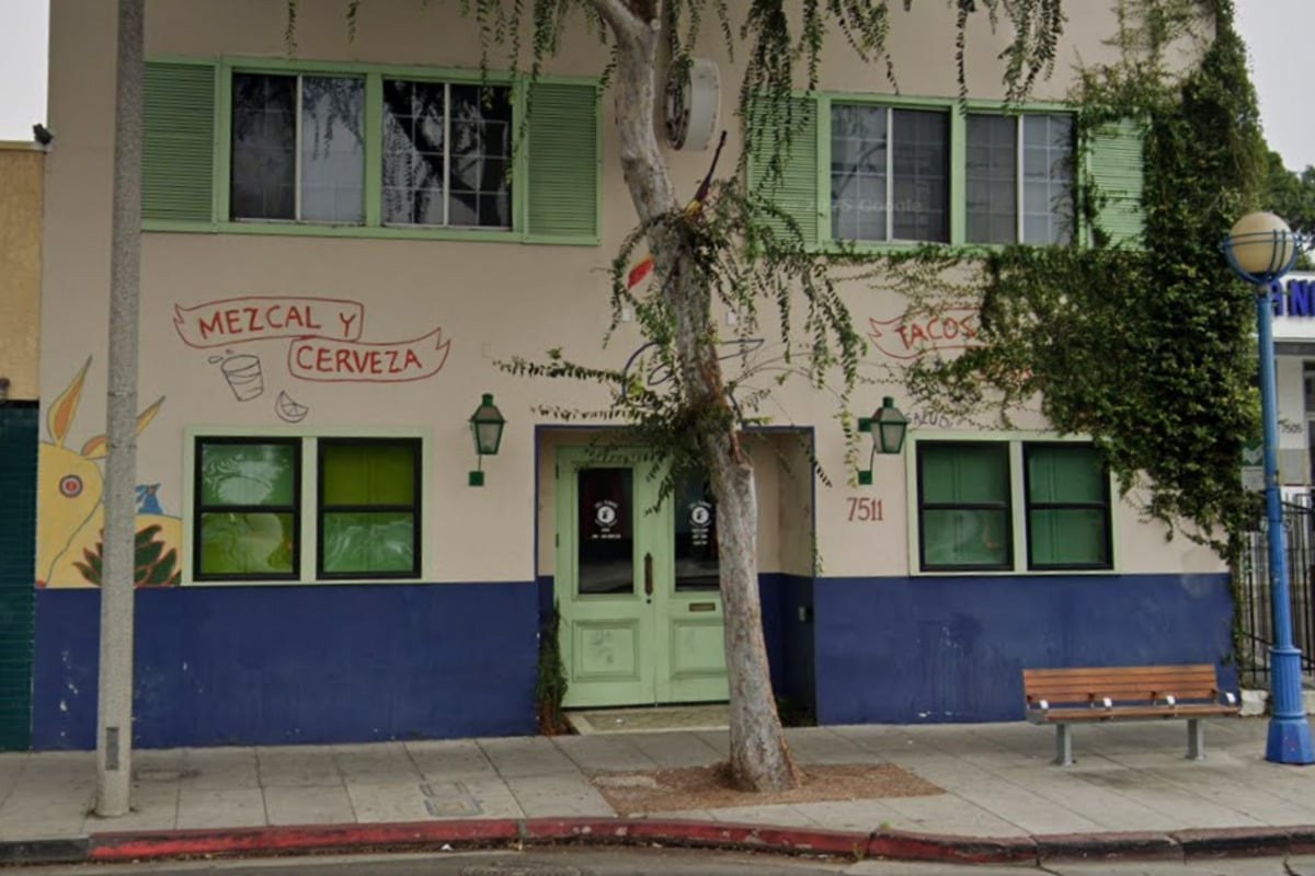 Las Perlas West Hollywood storefront at 7511 with Mezcal y Cerveza mural lettering