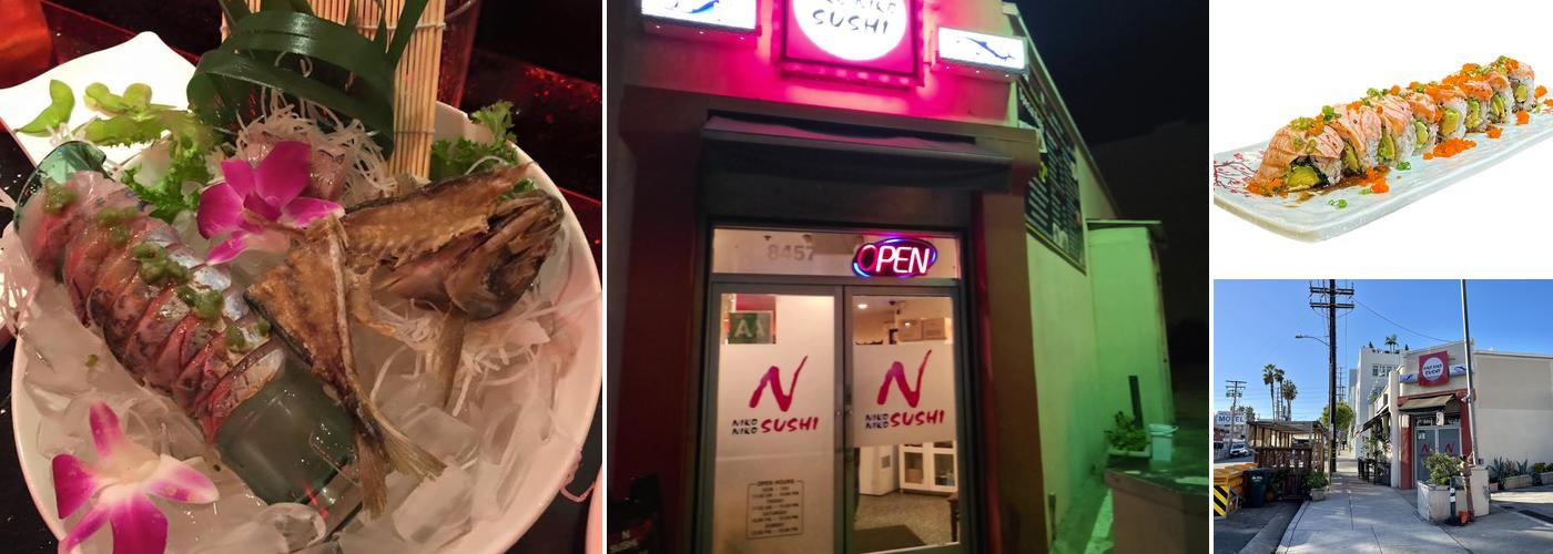 Niko Niko Sushi collage with sashimi platter, night entrance at 8457 Santa Monica Blvd, and specialty roll