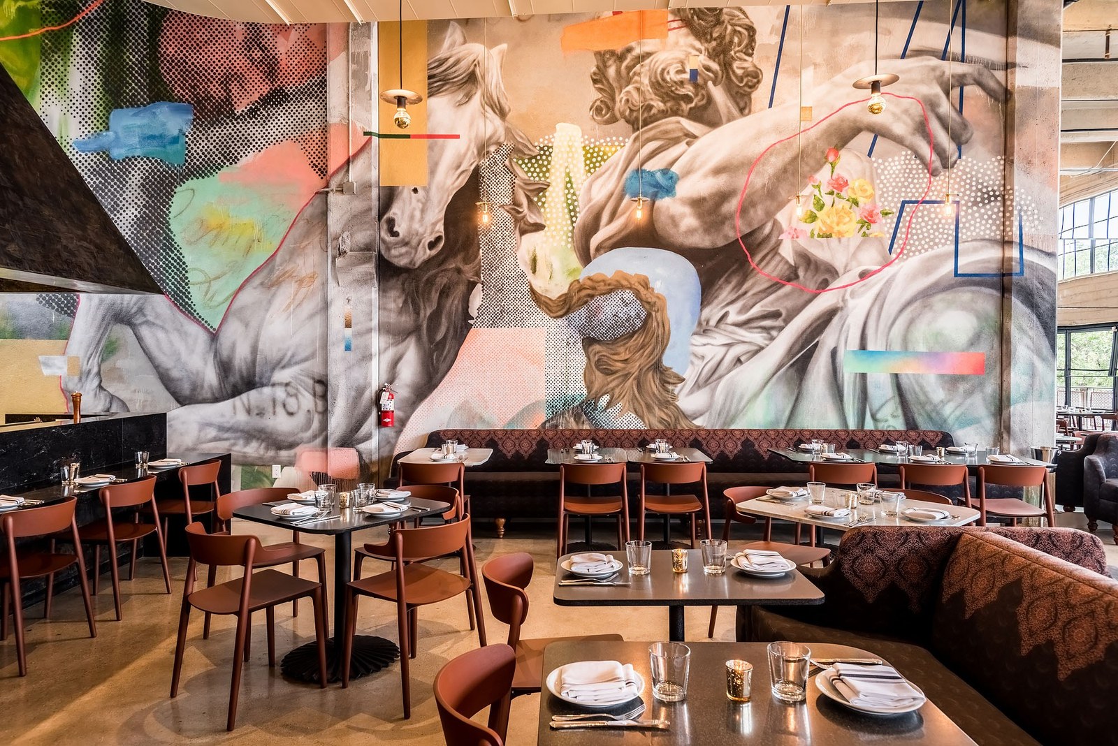 Rossoblu dining room with Cyrcle mural and set tables, City Market South, DTLA