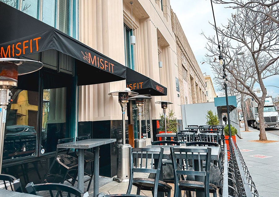 The Misfit exterior awnings and sidewalk patio on Santa Monica Boulevard